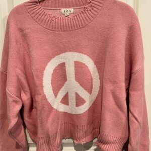 POL Distressed Pink Sweater with Peace Sign - Size M